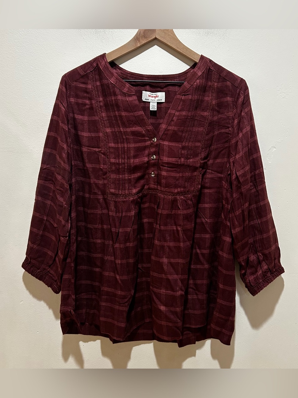 NWT Wrangler Babydoll Style Burgundy Brown Plaid Blouse Shirt - Women’s Medium